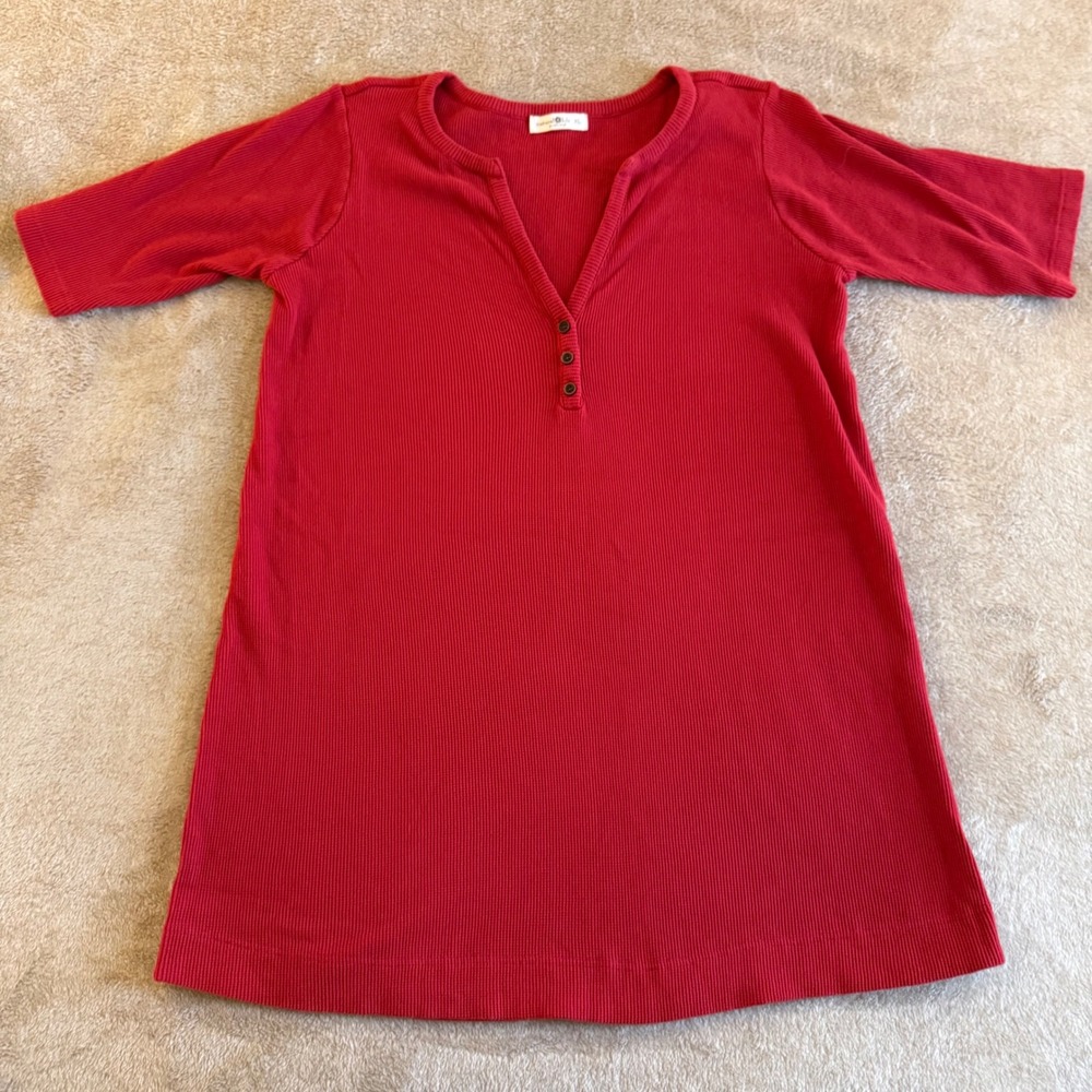 Natural Life Red Ribbed Knit Henley Tunic Top Short Sleeve XL
